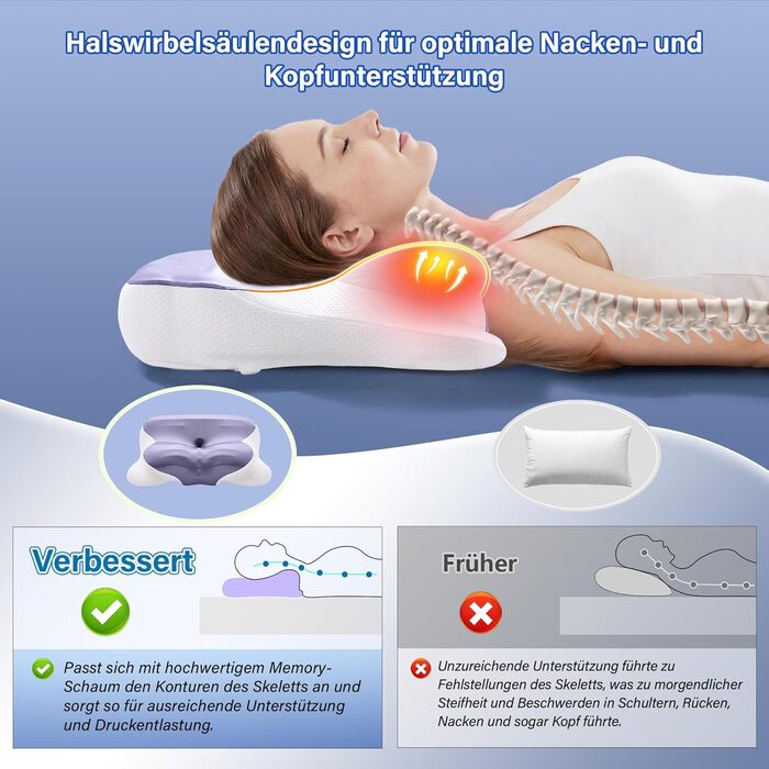 Подушка для шиї, подушка з піни з ефектом пам&39яті, ергономічна подушка для підтримки шиї, зручна підтримуюча подушка для шиї з дихаючим чохлом для сну на боці, спині та животі, (1 упаковка, сіра) Білийсірий