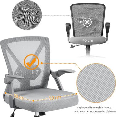 Офісне крісло Yaheetech, стілець для роботи з відкидними підлокітниками, обертове крісло з сітки, ергономічне офісне крісло, регульована поперекова опора, функція гойдання, регульована висота, сірий