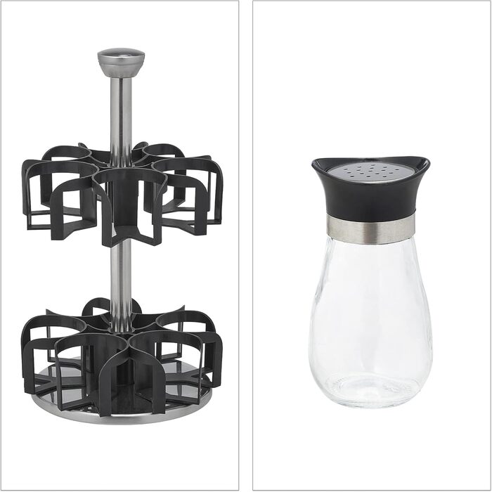 Карусель для спецій Relaxdays, 12 банок для спецій, обертається на 360, нержавіюча сталь, скло, ВxГ 31 x 18 см, підставка для спецій, сріблясто-чорна