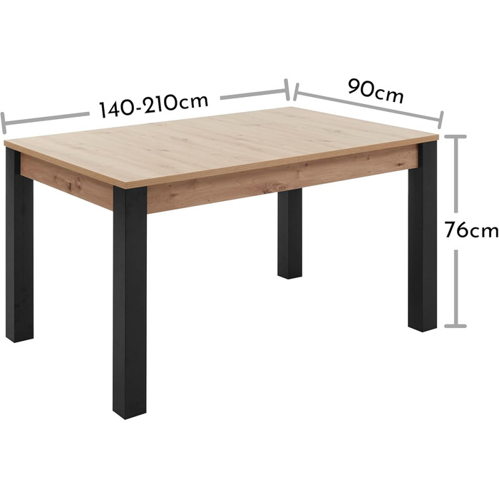 Розкладний обідній стіл Lucas з дубовим покриттям Artisan, чорний - Розкладний кухонний стіл для вашої вітальні та їдальні - 140-210 x 76 x 90 см (Ш/В/Г)