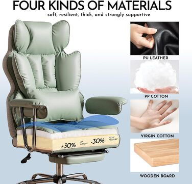 Ергономічне офісне крісло Efomao, крісло керівника зі штучної шкіри, офісне крісло вантажопідйомністю 200 кг з підставкою для ніг та поперековою опорою, регульоване крісло з високою спинкою, світло-зелене