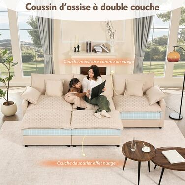 Подібний модульний диван, 3-місний кутовий диван з пуфом, дизайн з глибоким сидінням, диван Cloud для вітальні (бежевий)