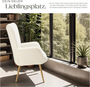 Крісло tectake у скандинавському стилі з крильцями, крісло Teddy Hygge, вельветове крісло для вітальні, спальні, їдальні, вишукане крісло-гостина, вантажопідйомність до 150 кг - букле кремовий/золотий без пуфа букле кремовий/золотий