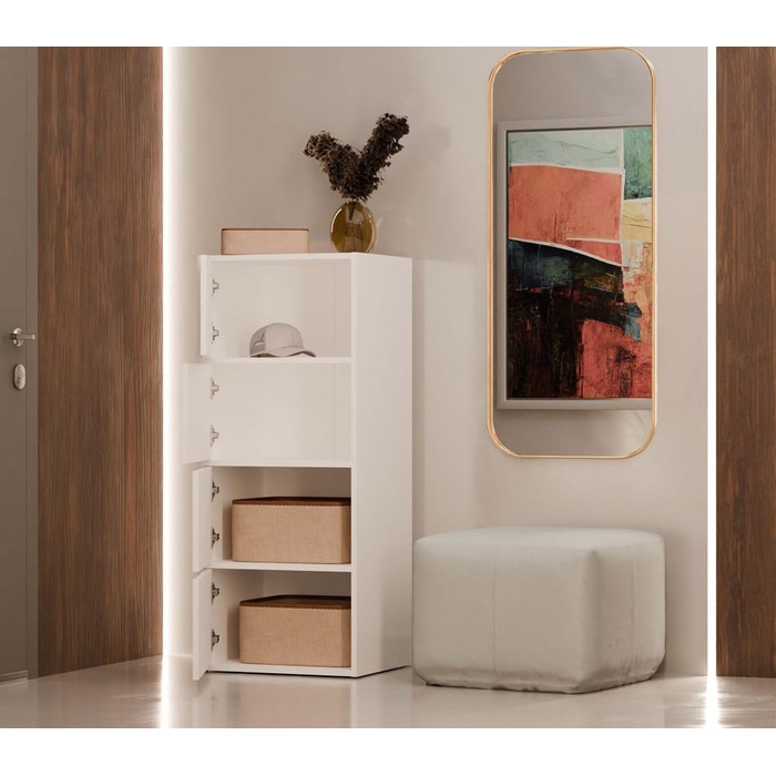 Комод CDF, шафа, висока шафа з 4 дверцятами та полицями - ІДЕАЛЬНО ДЛЯ ВІТАЛЬНІ - КОМПАКТНИЙ ТА СУЧАСНИЙ СТІЙКИЙ ТА УНІВЕРСАЛЬНИЙ Білий