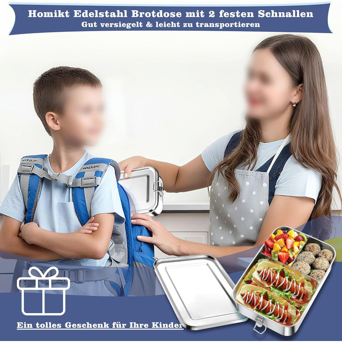 Ланчбокс Homikit з роздільниками, 1400 мл, нержавіюча сталь. Бенто-бокс для дітей та дорослих, герметичний металевий контейнер з ущільнювачем для школи, офісу, пікніка. Можна мити в посудомийній машині.