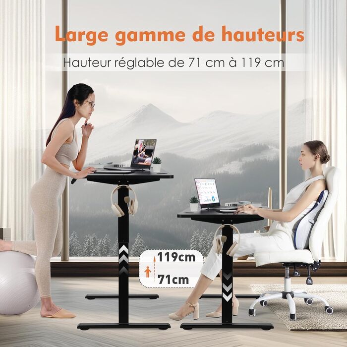 Електрично регульований по висоті стіл для роботи стоячи, 120 x 60 см, стіл для роботи сидячи/стоячи з пам&39яттю налаштувань та світлодіодним дисплеєм, стіл для роботи стоячи з гачками та підключенням для кабелів, робочий стіл для домашнього офісу, чорни