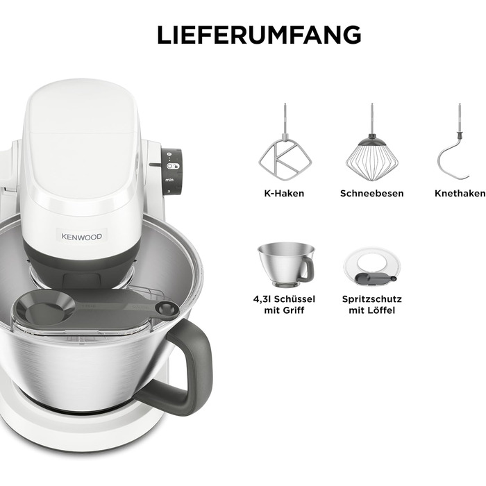 Кухонна машина Kenwood Multi Tasker (KHC30.000WH), 1000 Вт, чаша 4,3 л, місткість тіста 1,7 кг, 7 швидкостей, біла, з 3 аксесуарами
