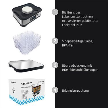 Дегідратор, 450 Вт, 4000 см2, таймер на 24 години, LED-дисплей, нержавіюча сталь INOX, без BPA, модульна конструкція, дегідратор для їжі, грибів, фруктів, м'яса, риби, овочів, 01S