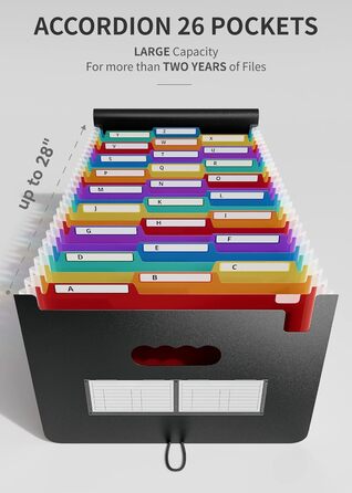Папка для документів ABC life A4 26 відділень, папка для сортування віял Барвиста папка з файлами Райдужна папка з файлами Дизайн гармошки Розмір A4 Водонепроникна матерія великої місткості з кришкою A Чорний матовий