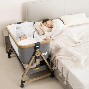 Дитяче ліжечко Maydolly 3-в-1 Універсальне ліжечко, дорожнє ліжечко та колиска, включаючи матрац та москітну сітку Регульована висота за допомогою коліщаток, складається та з сумкою для перенесення Сірий/сірий