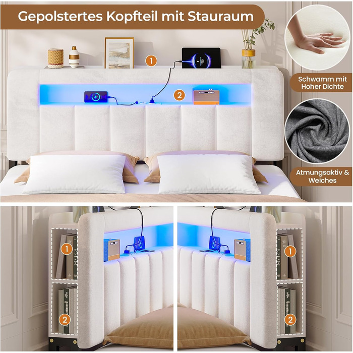 М&39яке ліжко 140x200 з місцем для зберігання, гідравлічне ліжко зі світлодіодним освітленням та зарядною станцією, дитяче ліжко, двоспальне ліжко, каркас ліжка з оксамитовим узголів&39ям - матрац не входить до комплекту (бежевий оксамит, 140x200 см) Беже