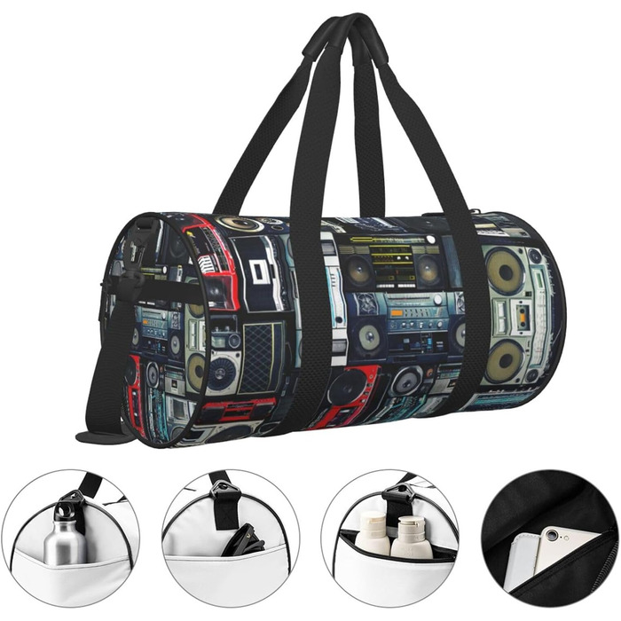 Спортивна сумка, дорожня сумка, вінтажний стиль, принт Радіостіна, сумка на нічліг, чорна, універсальний розмір, сумка для подорожей