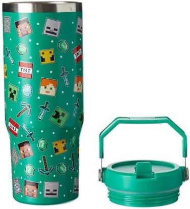 Дорожня кружка HOX Minecraft, кавова кружка з герметичною трубочкою та кришкою, двостінна, вакуумно-ізольована пляшка для води для офісу або автомобіля, зберігає холодну воду 17 годин та гарячу 5 годин, 900 мл, зелена новинка, сучасний дизайн