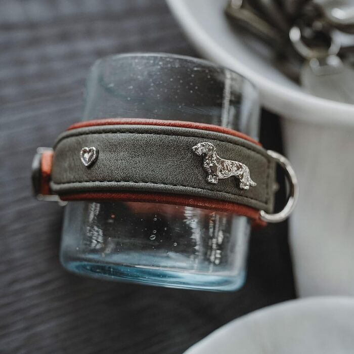 Нашийник для такси Мюнхен, колір коньяк/чорний, шкіра, вишукані декоративні елементи для такс, м'який та міцний, не пошкоджує шерсть, розкішний, екологічно виготовлений, стійкий, вироблено в Німеччині, розмір 32 коньяк/чорний 32