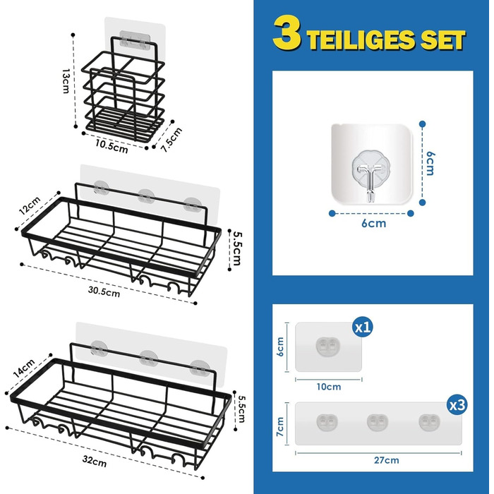 Душова полиця без свердління, Душова полиця без свердління, Полиця для ванної кімнати з 3 частин, Душова полиця з нержавіючої сталі чорного кольору, Душова корзина з 8 гачками для ванної та кухні