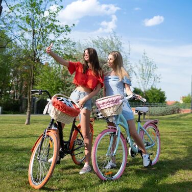 Дитячий велосипед Goetze Mood 26 дюймів, 17-дюймова алюмінієва рама з кріпленням, 6-швидкісний перемикач швидкостей, подвійні V-подібні гальма, світлодіодне освітлення, кошик з ротанга, комфортне сідло, з бічною підставкою та дзвінком, світло-блакитний