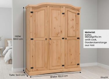 Шафа для спальні Dynamic24 3-дверна шафа New Mexico Ш152xВ193xГ54 см Масив сосни натурального кольору Комод Шафа Багатоцільова шафа Відкрита шафа Коричнева