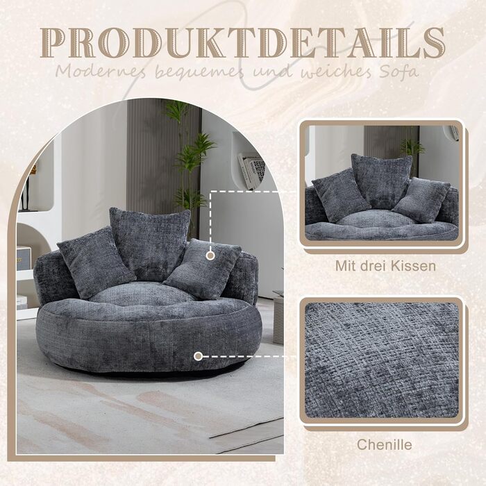 Міцний комфортний шезлонг Lazy Sofa з високою спинкою, крісло-мішок з трьома подушками для дорослих та дітей, для дому та вулиці (сірий)