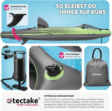 Надувний каяк tectake, надувний каное/велосипедний човен на 1 особу з подвійним веслом та аксесуарами сидінням, насосом, сумкою для транспортування, для водних видів спорту, відпочинку, риболовлі, веслування