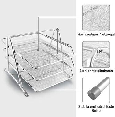 Лоток для листів формату A4, 3 відділення Письмовий стіл Шухляди для документів Органайзер для листів Сітчастий дизайн Настільний лоток для документів формату A4 Silver