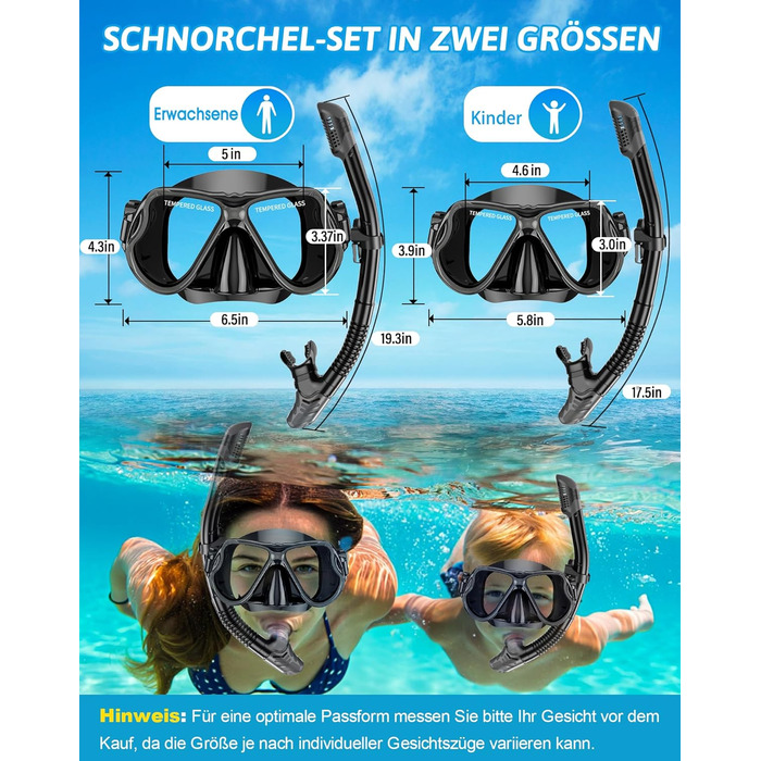 Набір для сноркелінгу QcoQce для дорослих, суха трубка з маскою для дайвінгу із загартованого скла із захистом від запотівання та протікання, панорамний вид та легке дихання для сноркелінгу та дайвінгу, чорний