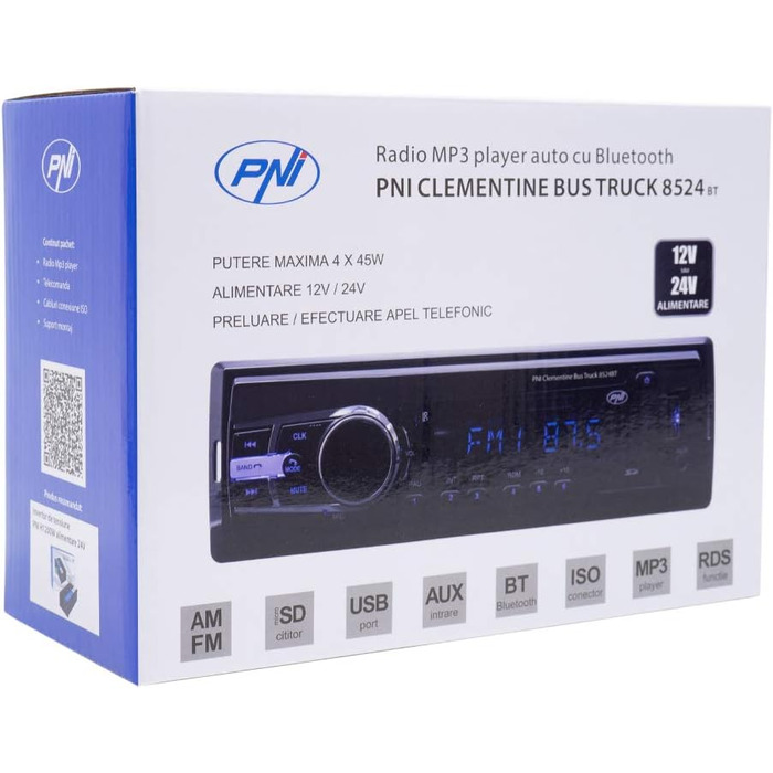 Радіо MP3 плеєр Автомобільний PNI Clementine Bus Truck 8524BT 4x45w, RDS, 12 В/24 В 1 DIN CU SD, USB, AUX, RCA SI Bluetooth 24 Вольт одинарний