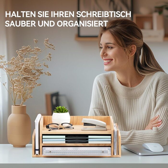 Дерев&39яний органайзер для столу KIRIGEN, папка та лоток для листів, пошти та документів, 3-рівневий офісний органайзер, сортувальник листів, тримач для телефону, лоток для файлів з натурального дерева, натуральний колір