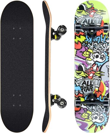 Повний скейтборд White-123 78.7 x 20.3 см - 8-шарова дека з клена, ABEC-11 підшипники, блискучі PU колеса, для дітей, підлітків та дорослих, білий дизайн