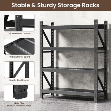 Міцний металевий стелаж, стелаж без болтів, стелаж для зберігання, стелаж для майстерні, стелаж для підвалу, стелаж для гаража, кухонний стелаж, окремостоячий стелаж, сталевий стелаж, 4 рівні, вантажопідйомність полиць 265 кг, регульовані полиці, 160x120x