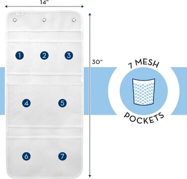 Організатор для душу з сіткою для швидкого висихання, органайзер для ванної кімнати з 7 кишенями для туалетного приладдя, шампунів, мила та мочалок, 35,6 х 76,2 см, білий, 2 шт.