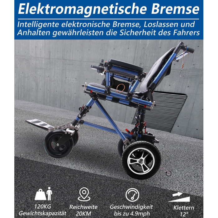 Портативні електричні інвалідні коляски Broobey з вуглецевого волокна для дорослих, легка електрична інвалідна коляска для людей похилого віку Support 120 кг, електричні інвалідні візки складні, 25 км Long Range Blue