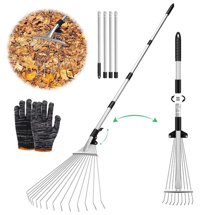 Регульований віяловий граблі з ручкою 215 см, металеві граблі для листя з рукавичками, садовий віяловий граблі для прибирання листя, рослин, газонів та подвір'я, сріблястий колір