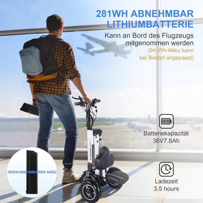 Електричний триколісний велосипед TopMate ES35 для дорослих зі спинкою сидіння, легкий електричний триколісний велосипед зі знімним акумулятором 36 В 7,8 Аг, функцією реверсу та ключем-перемикачем для поїздок на роботу та подорожей