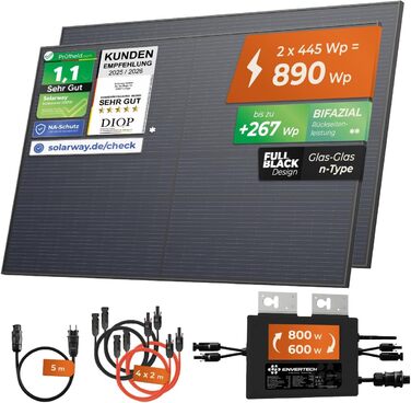 Балконна електростанція Solarway 890 Вт, комплектна розетка 800 Вт - Найновіший інвертор 800 Вт - Повний комплект сонячної системи - Двосторонні сонячні панелі 445 Вт, Envertech та аксесуари без монтажного кронштейна, 0 кВтгод, без накопичувача