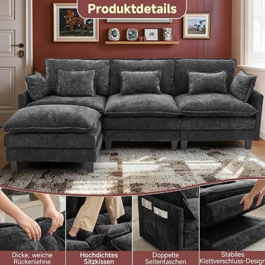 Модульний кутовий диван, L-подібний диван для вітальні, надзвичайно глибокі, зручні дивани-хмарки з шенілу з декоративними подушками та розсувною оттоманкою (чорний, 3 місця з 1 оттоманкою) Чорний 3 місця з 1 оттоманкою