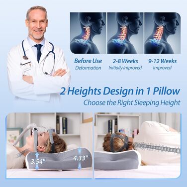 Подушка HOMCA з піни з ефектом пам&39яті для всіх масок CPAP, ергономічна подушка для тих, хто спить на боці, з канавками для маски CPAP та опорною зоною, зменшує витік повітря та тиск у масці, сіра, 65x49/11 см