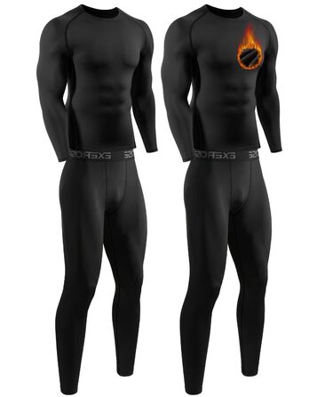 Комплект із 2 чоловічих термобілизни, функціональна білизна, комплект лижної білизни, зимова тепла флісова підкладка, довга білизна, дихаюча термомайка для чоловіків, чорний/чорний, XXL