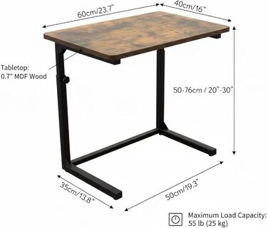 С-подібний журнальний столик для дивана з регульованою висотою, столик для ноутбука для дивана та ліжка, рустикальний коричневий