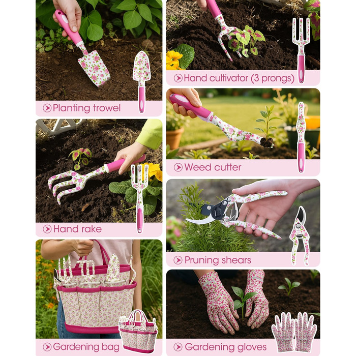 Набір садового інструменту для жінок, 26 предметів, у квітковому стилі ідеальний подарунок для садівництва В комплекті рукавички, сумка для зберігання, садові аксесуари, декоративні метелики та яскраві бирки для рослин.