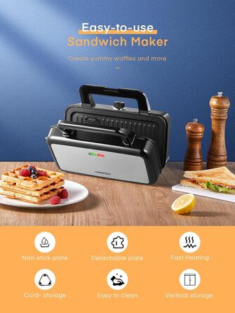 Сендвіч-машина HOUSNAT 3 в 1 - вафельниця, контактний гриль, сендвіч-машина - 1200 Вт з 5-швидкісним регулюванням температури - для бельгійських вафель - Антипригарне покриття - ідеально підходить для сніданку, кемпінгу та багато іншого Чорний