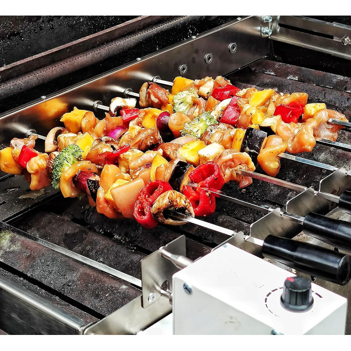 Електричний вертел BBQ-Toro Нержавіючий набір для шашлику з 9 шампурами та мотором Регульований розмір 56 x 26-40 см Живлення від мережі та USB Вертел для мангалу та грилю