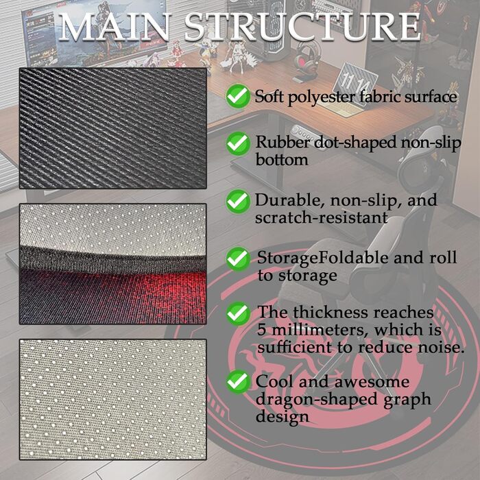 Захисний килимок для ігрових офісних крісел, килимки для крісел для килимів з низьким ворсом та паркетних підлог, круглі килимки для підлоги 120 x 120 см для ігрових кімнат, спалень, віталень та офісів, чорний/червоний