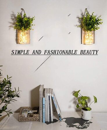 Сільське оздоблення стін, струнні ліхтарі в банку, зелена підроблена рослина, дерев'яне оздоблення вітальні з, теплі білі садові п