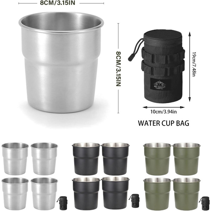 Стакани з нержавіючої сталі для подорожей та активного відпочинку, для кави, молока, як запасні, штабельовані, з кришками, для кемпінгу та походів, чорні, 4