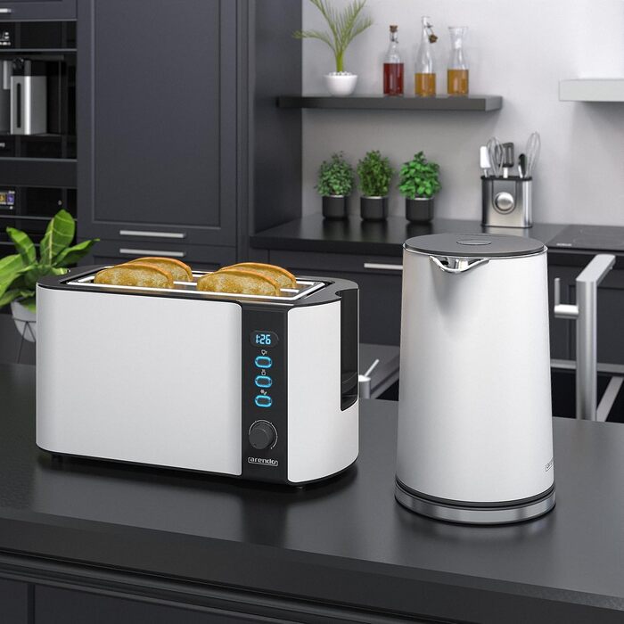 Чайник з набором тостерів нержавіюча сталь білий матовий, чайник 1,5 л 40 - 100 функція збереження тепла тостер 4 скибочки LED-дисплей 6 ступенів підрум'янювання Насадка для булочки