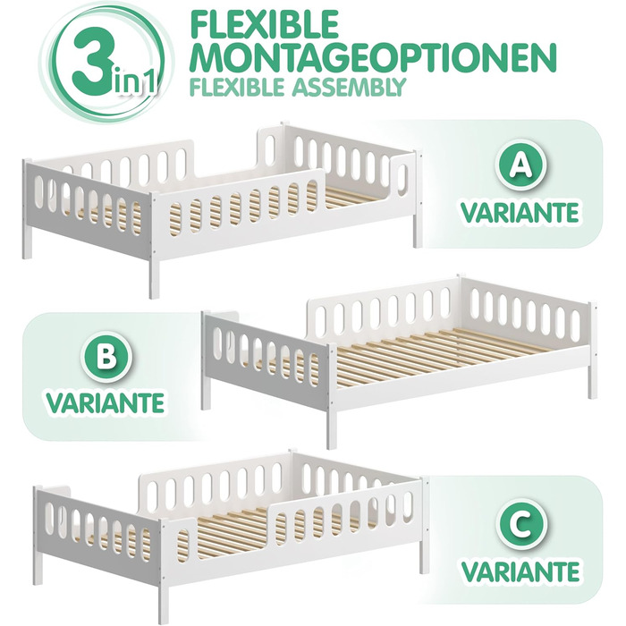 Дитяче/підліткове ліжко CADANI LARS 200x90 см Біле, дві шухляди, знімні поручні безпеки, трансформується в дитяче ліжко 90 x 200 см Біле - з шухлядою - матрац не входить до комплекту