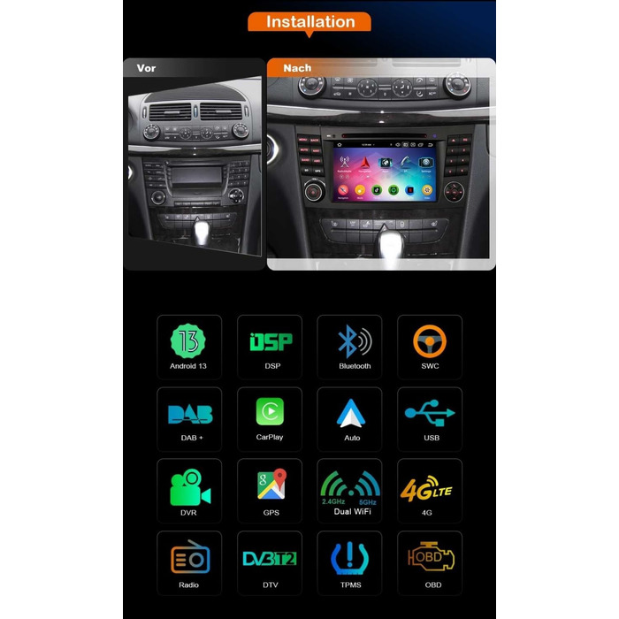 Автомобільне радіо erisin 8 Core Android 13 464 ГБ з навігацією для Mercedes Benz E/CLS Class W211 W219, підтримка Carplay Android Auto, GPS, супутникова навігація, DSP, Bluetooth 5.0, WiFi, Dab, TPMS, DVR, OBD, з DVD-програвачем