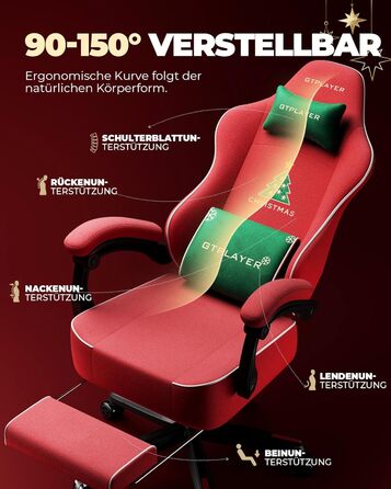 Ігрове крісло GTPLAYER з різдвяним мотивом, ігрове крісло з підставкою для ніг, надзвичайно широке сидіння, з пір&39яною подушкою, вантажопідйомність 150 кг для великих та сильних людей Оксамит