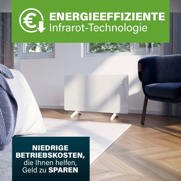 Інфрачервоний обігрівач Princess Connected - Carbon Crystal - Плоский настінний радіатор - 480 Вт - Регульований термостат до 50 C - 24-годинний таймер - Тижневе програмування - Білий або чорний (білий)