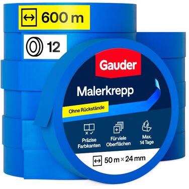 Малярська стрічка GAUDER для точних країв фарби - малярська стрічка для малярних робіт - синя малярська стрічка та малярська стрічка - малярська стрічка з паперу васі - малярська стрічка - малярська стрічка (12 рулонів - 24 мм x 50 м) 24 мм x 12 рулонів